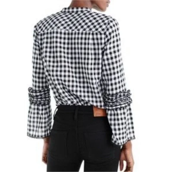 J Crew Gingham Blouse Size 10 Bell Sleeve Ruffles Cotton - Picture 2 of 16